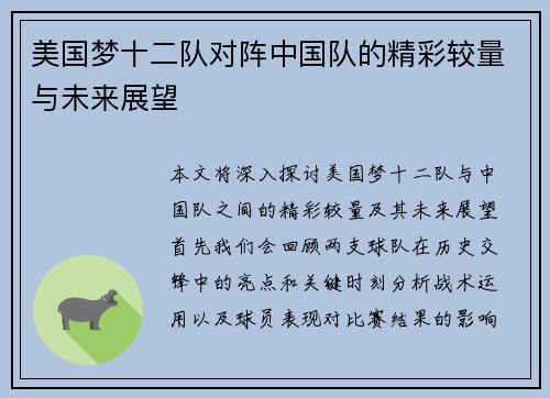 美国梦十二队对阵中国队的精彩较量与未来展望